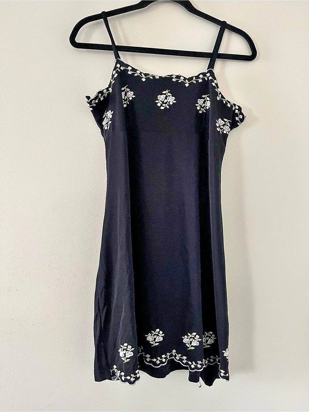 Vintage Y2K Black Floral Embroidered Mini Dress Small Romantic Dainty Feminine